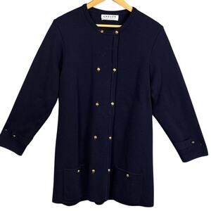 Vintage Jaeger Wool Cardigan Coat Double Breasted Gold Buttons Navy Sz M Grandma
